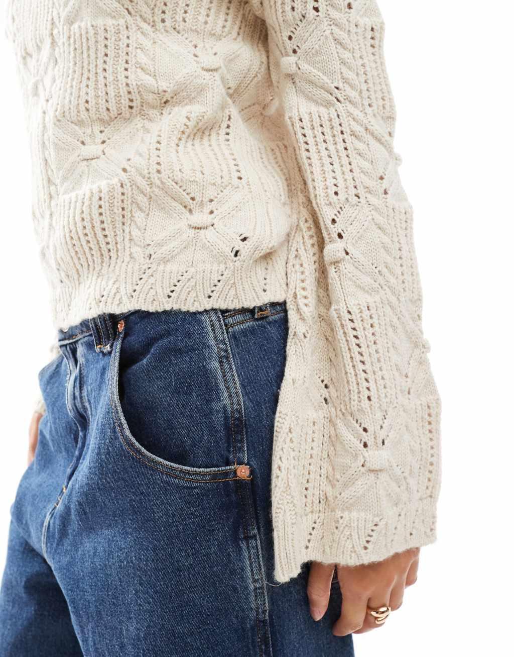 ASOS DESIGN cable knit angel sleeve sweater in ecru Product Image