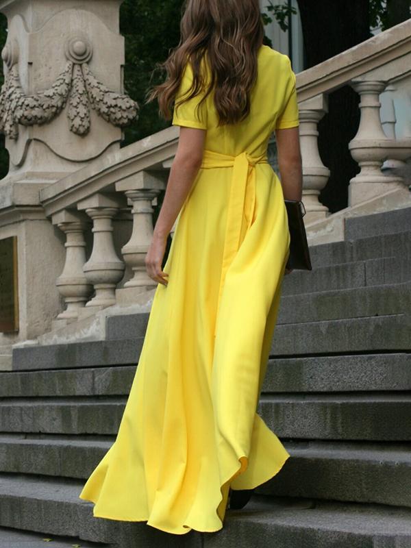 Half Sleeves High Waisted Solid Color Tied Waist V-Neck Maxi Dresses Product Image