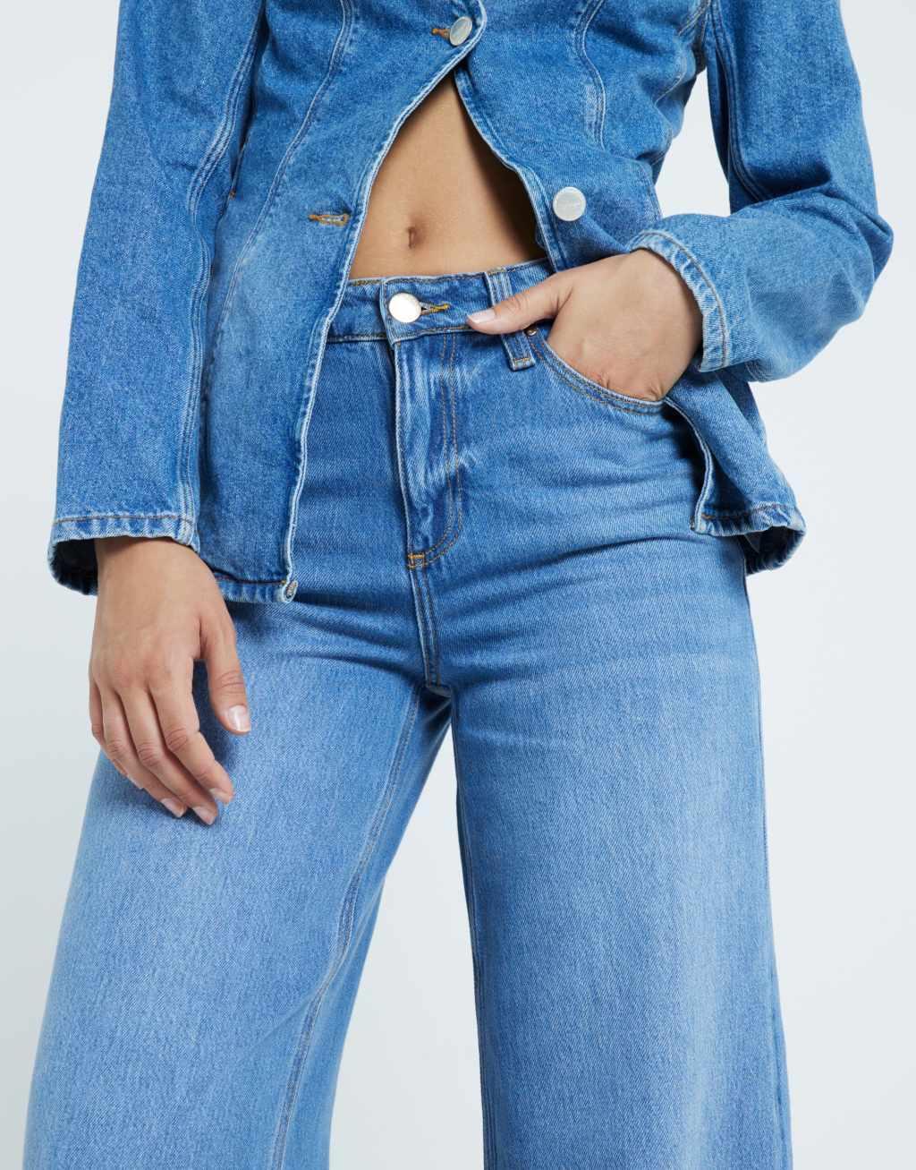 River Island wide leg jeans in midwash blue Product Image