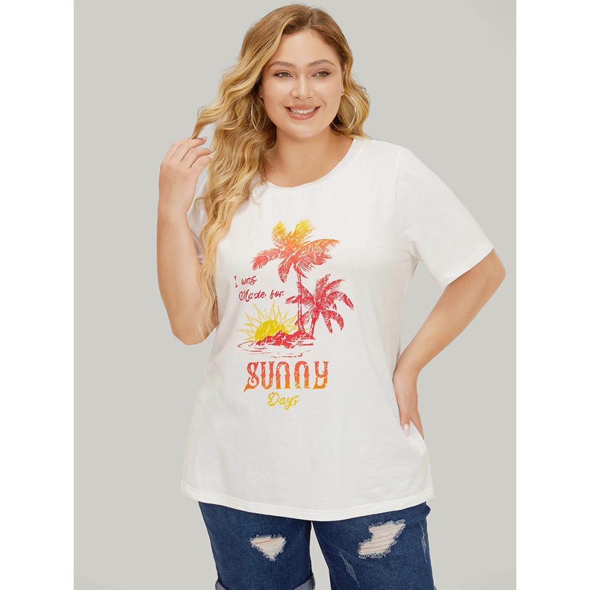 Plus Size Coconut Tree & Letter Print Drop Shoulder T-shirt White Women Casual Tropical Dailywear T-shirts BloomChic 28/5X Product Image