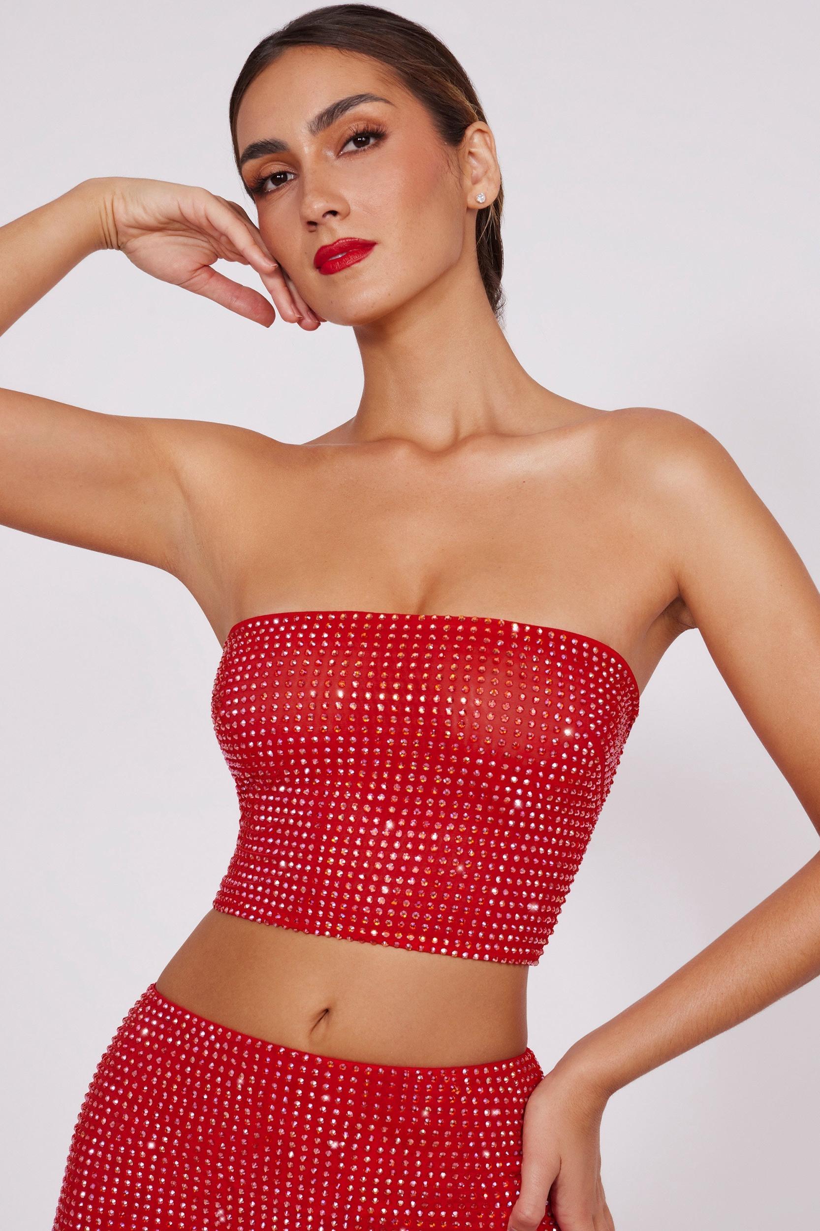 Embellished Strapless Crop Top in Fire Red Product Image