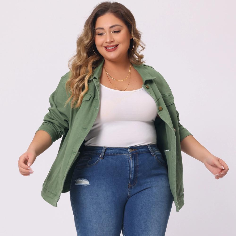 Agnes Orinda Women's Plus Size Button Front Chest Pockets Washed Casual Jean Jackets Green 1X Product Image