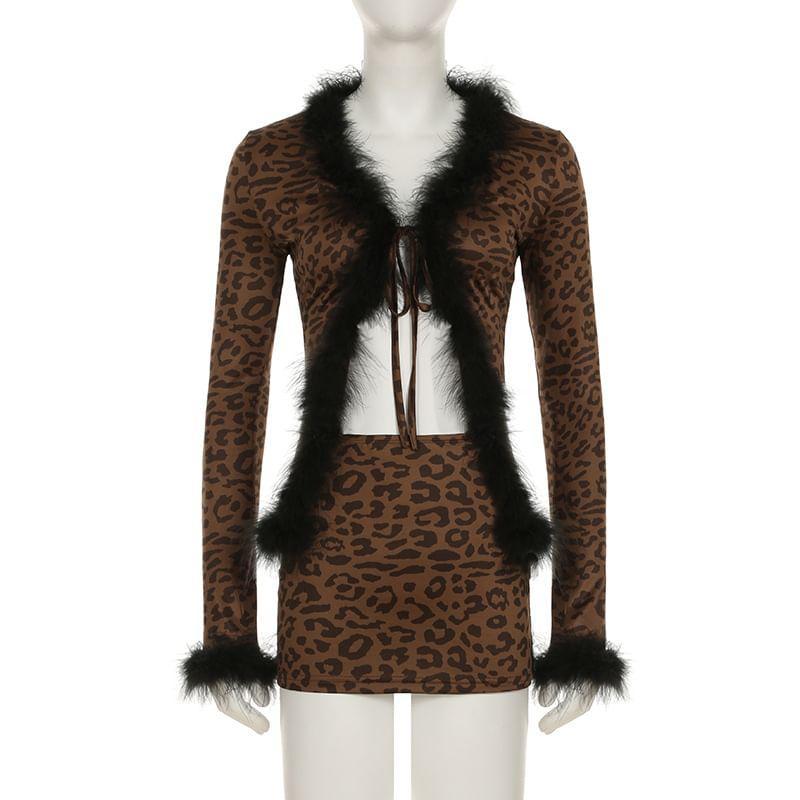 Set: Long Sleeve Leopard Print V-Neck Fluffy Trim Cardigan + Leopard Print Mini Skirt Product Image