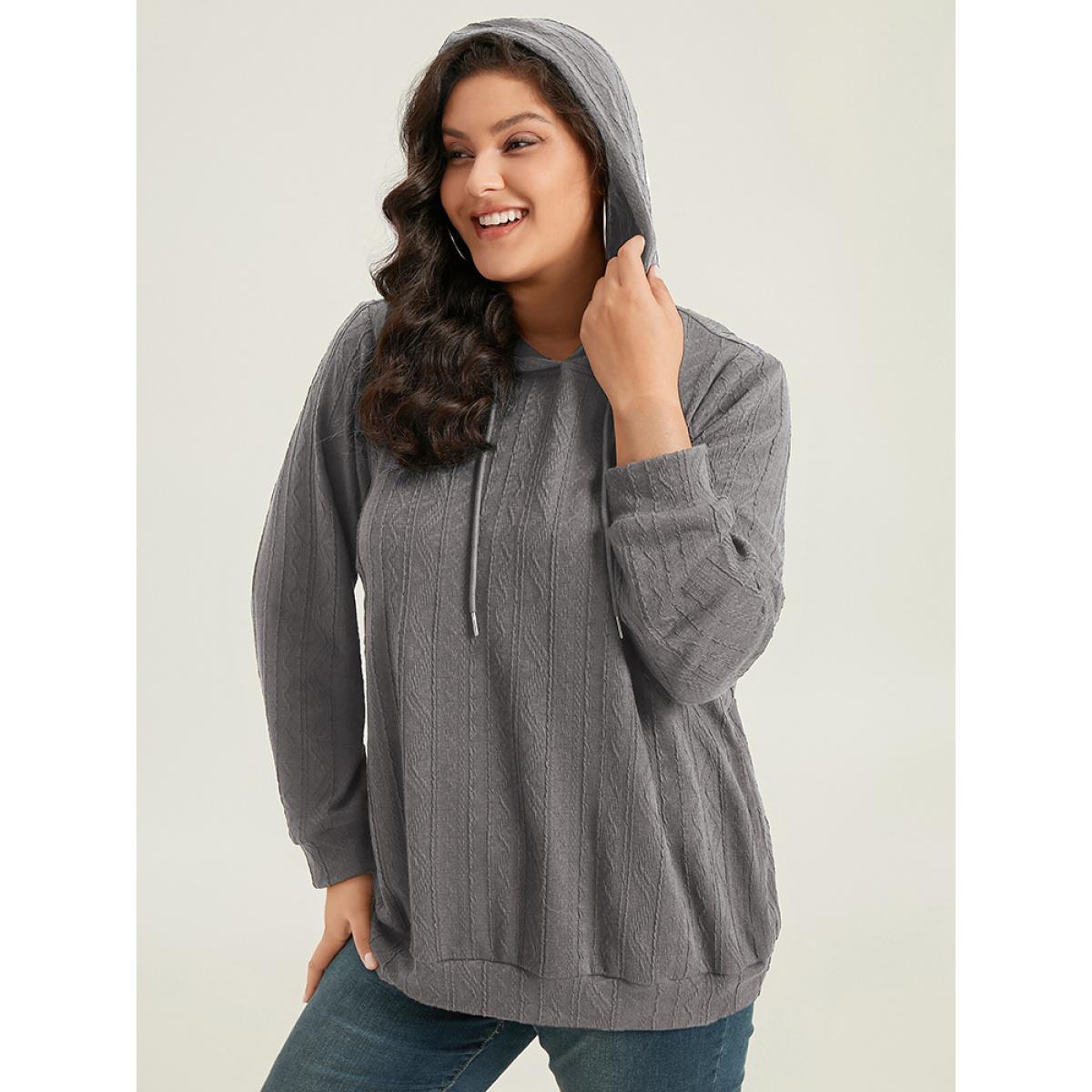 Plus Size Plain Textured Hooded Drawstring Sweatshirt Women Mauve Casual Elastic cuffs Hooded Everyday Sweatshirts BloomChic 12/L Product Image