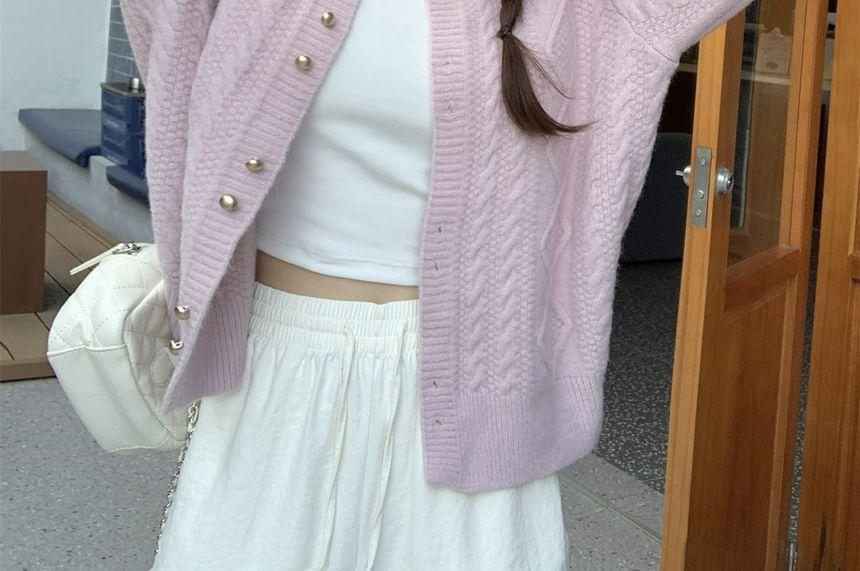 Round Neck Plain Cable-Knit Cardigan Product Image