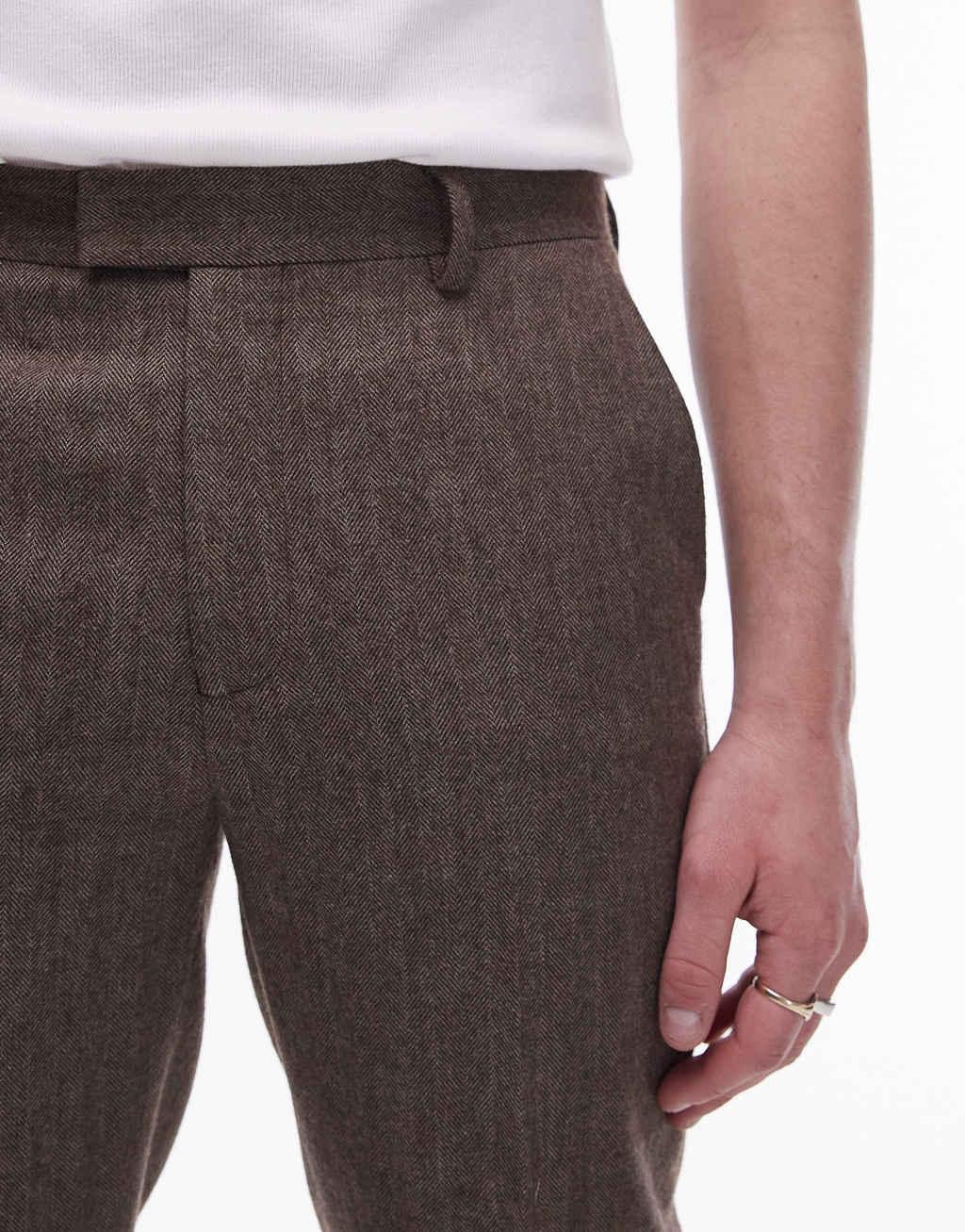 Topman herringbone slim pants in brown Product Image