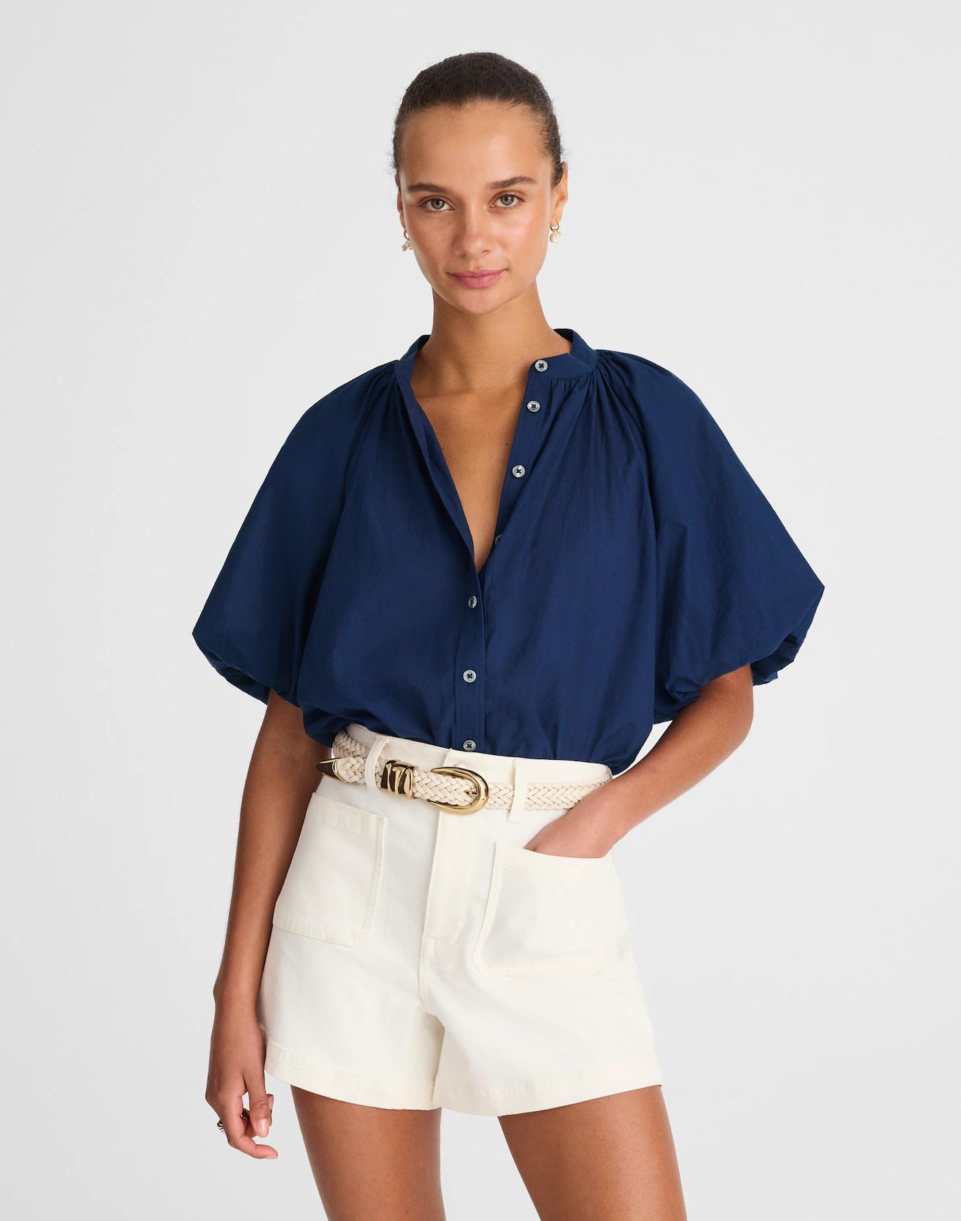 Shirred Balloon-Sleeve Top in Cotton Voile Product Image