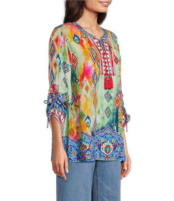 John Mark Embroidered Printed Split V-Neck 3/4 Cinched Sleeve Tassel Tie Front Tunic Product Image