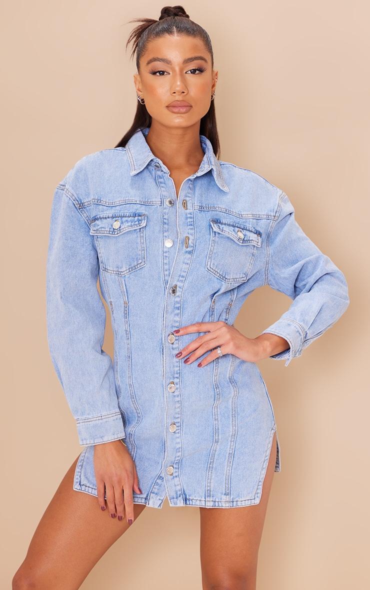 Light Blue Wash Seam Detail Long Sleeve Denim Dress Product Image