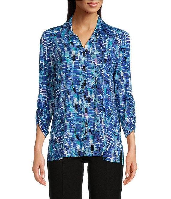 Ali Miles Stretch Abstract Tile Print Collared Neckline 3/4 Ruched Sleeve Tunic Product Image