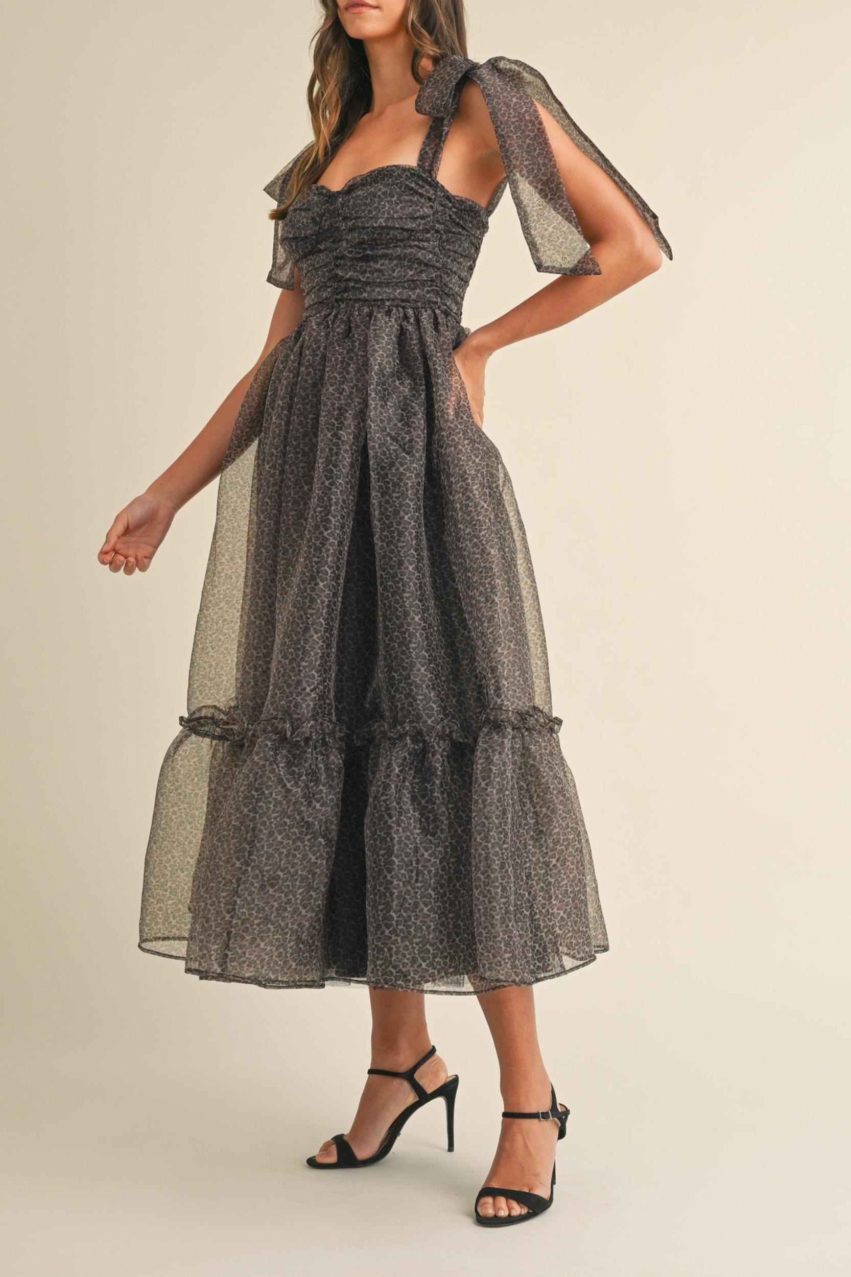 Leopard Print Tie Shoulder Organza Maxi Dress Product Image