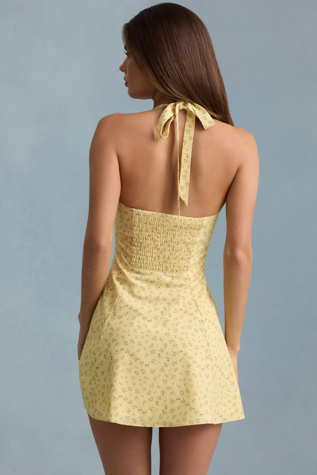Halterneck A-Line Mini Dress in Yellow Flower Print Product Image