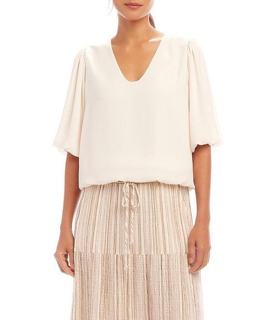 Karen Kane Silky Crepe V-Neck Short Puff Sleeve Top Product Image