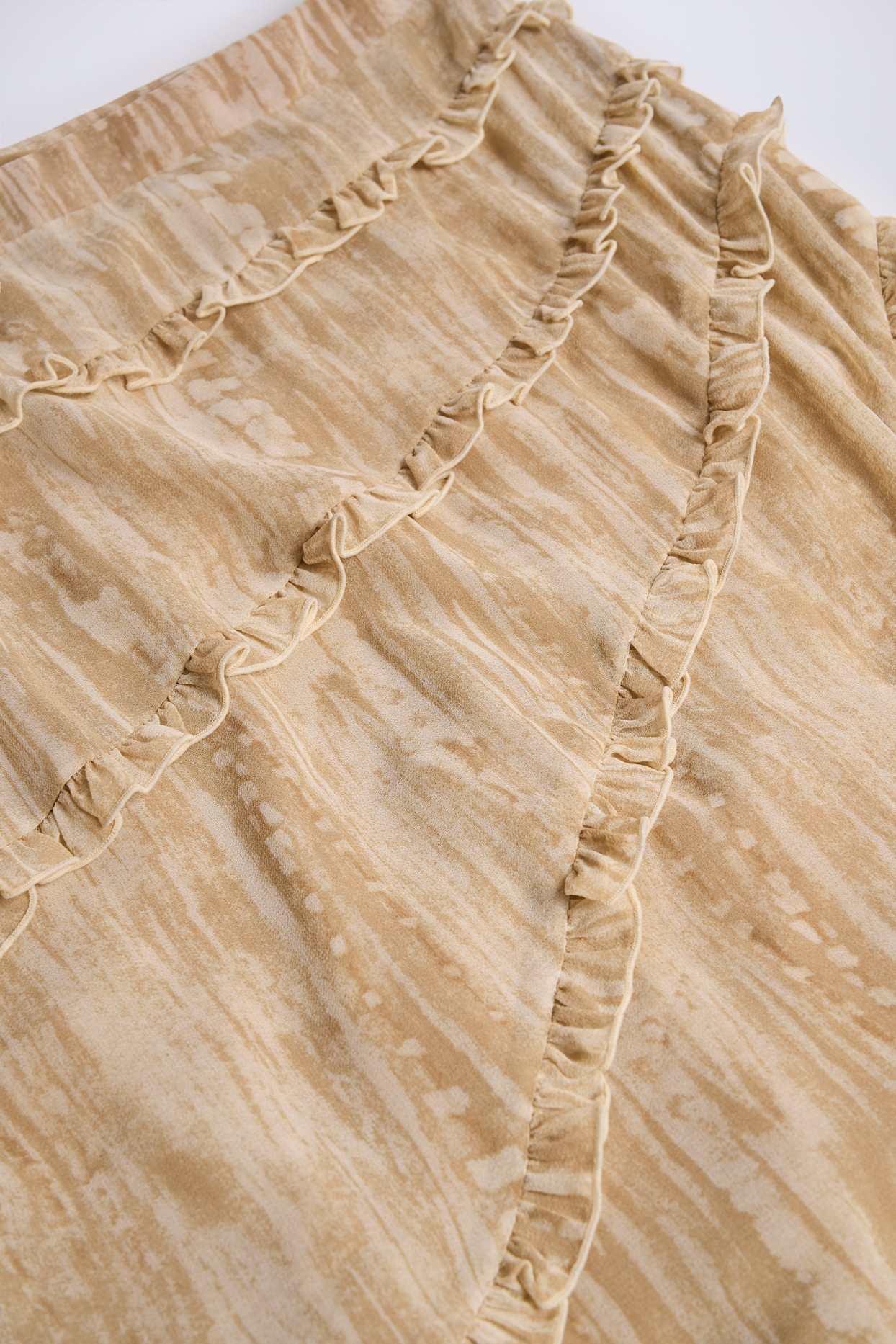 Ruffled Asymmetric Mid-Rise Maxi Skirt in Tan Print Product Image