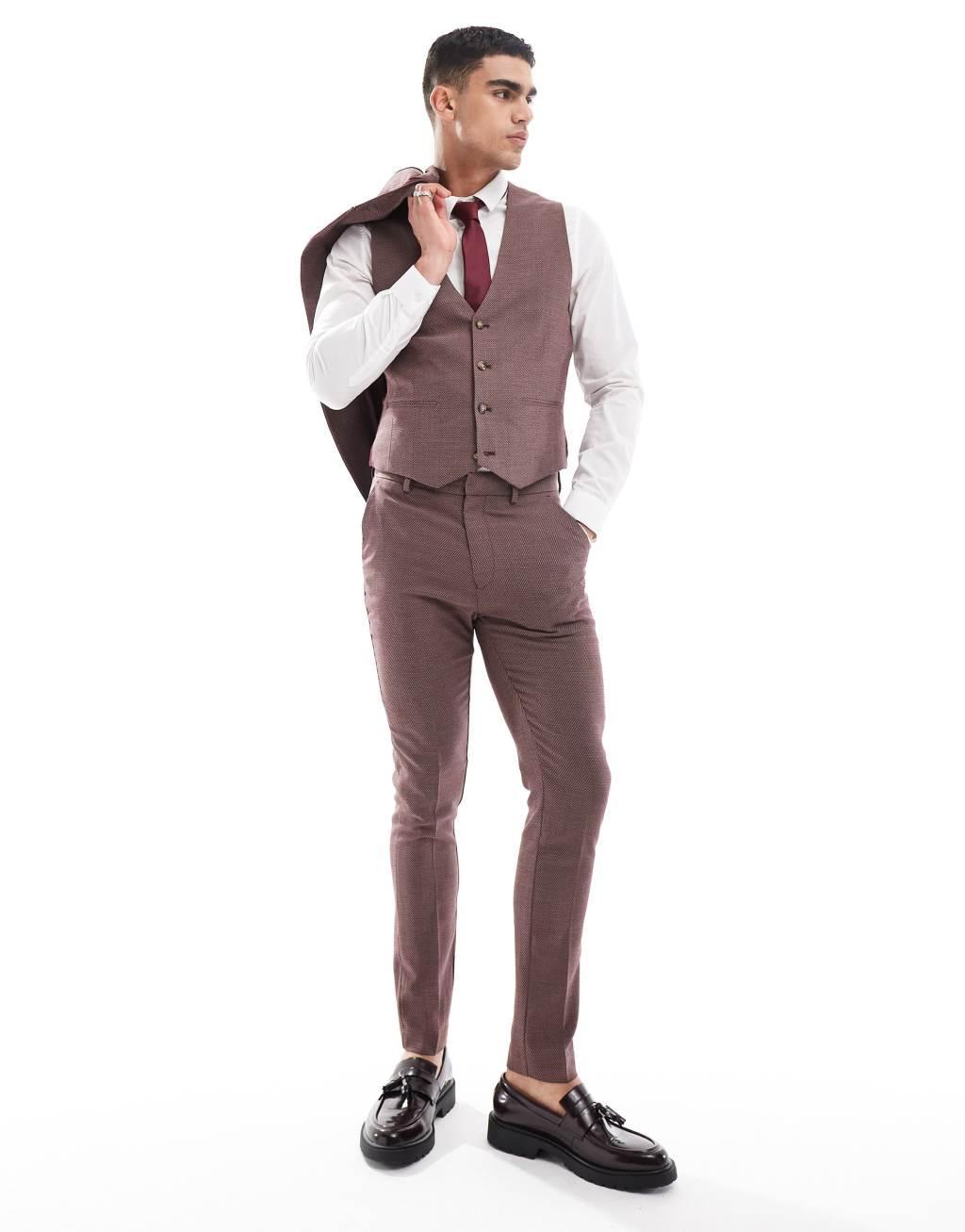 ASOS DESIGN wedding skinny suit vest in burgundy microtexture Product Image