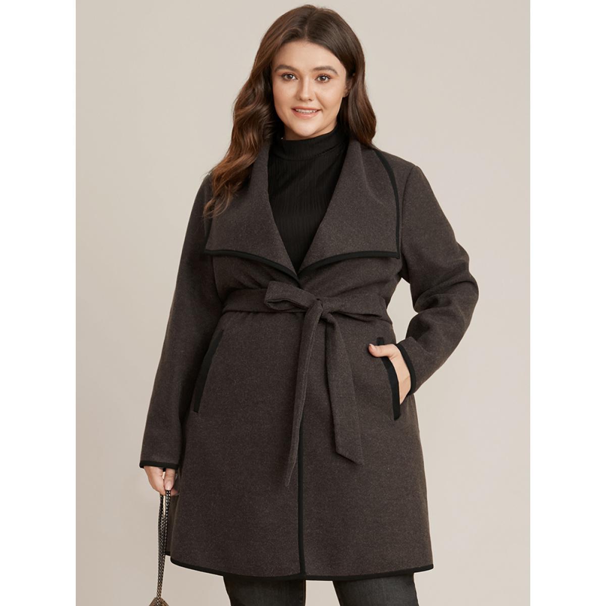 Plus Size Contrast Trim Pocket Belted Lapel Collar Coat Women DarkBrown Office Belted Ladies Work Winter Coats BloomChic 28/5X Product Image