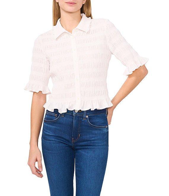 CeCe Point Collar 3/4 Ruffle Sleeve Smocked Button Front Shirt Product Image