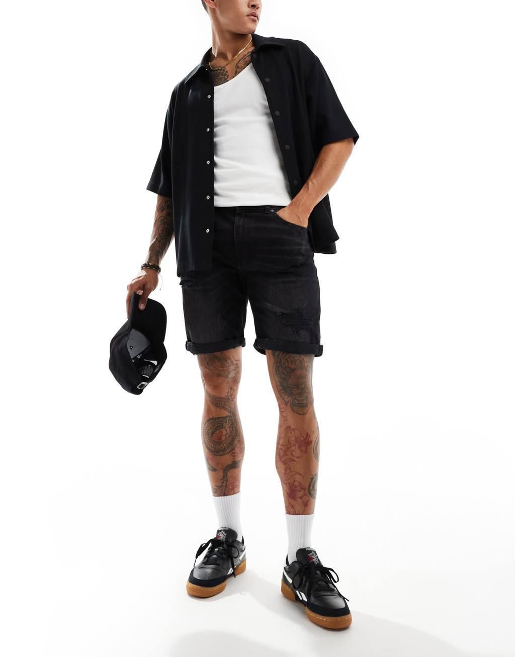 Pull&Bear slim fit ripped denim shorts in washed black Product Image