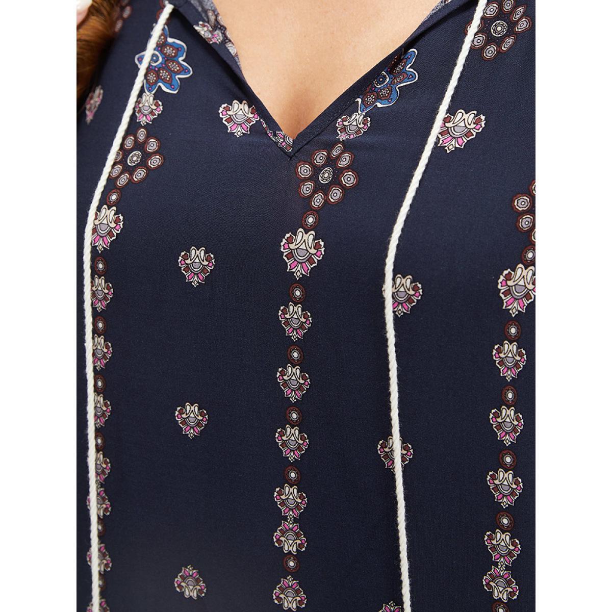 Plus Size Bandana Print Ties Pocket Tassels Detail Dress Scarlet Women Vacation Tassels V-neck Elbow-length sleeve Curvy Midi Dress BloomChic 28/5X Product Image