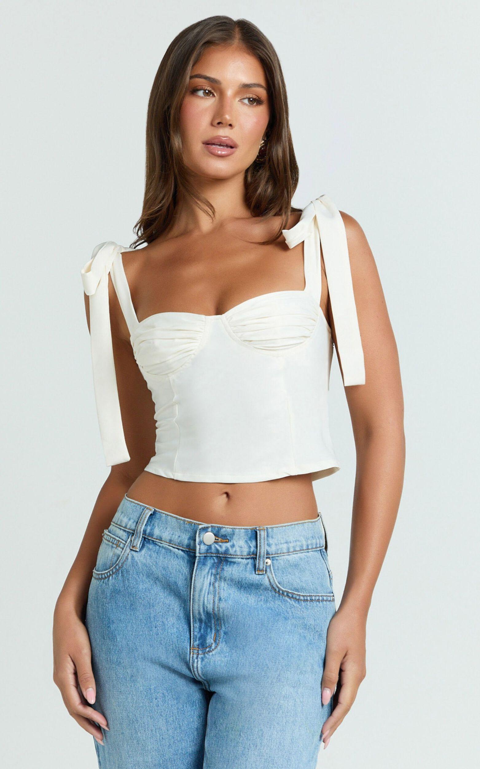 Elsa Top - Tie Shoulder Ruched Bust Bias Cut Top in Ivory Product Image