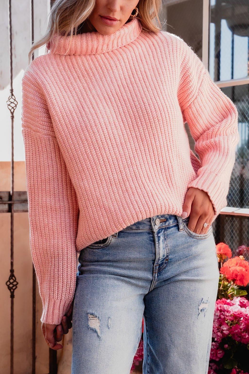 Chunky Pink Ribbed Turtleneck Sweater - FINAL SALE Female Product Image