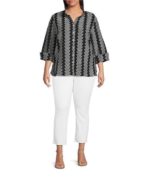 Ali Miles Plus Size Jacquard Wire Collar 3/4 Cuff Sleeve Button-Front Tunic Product Image