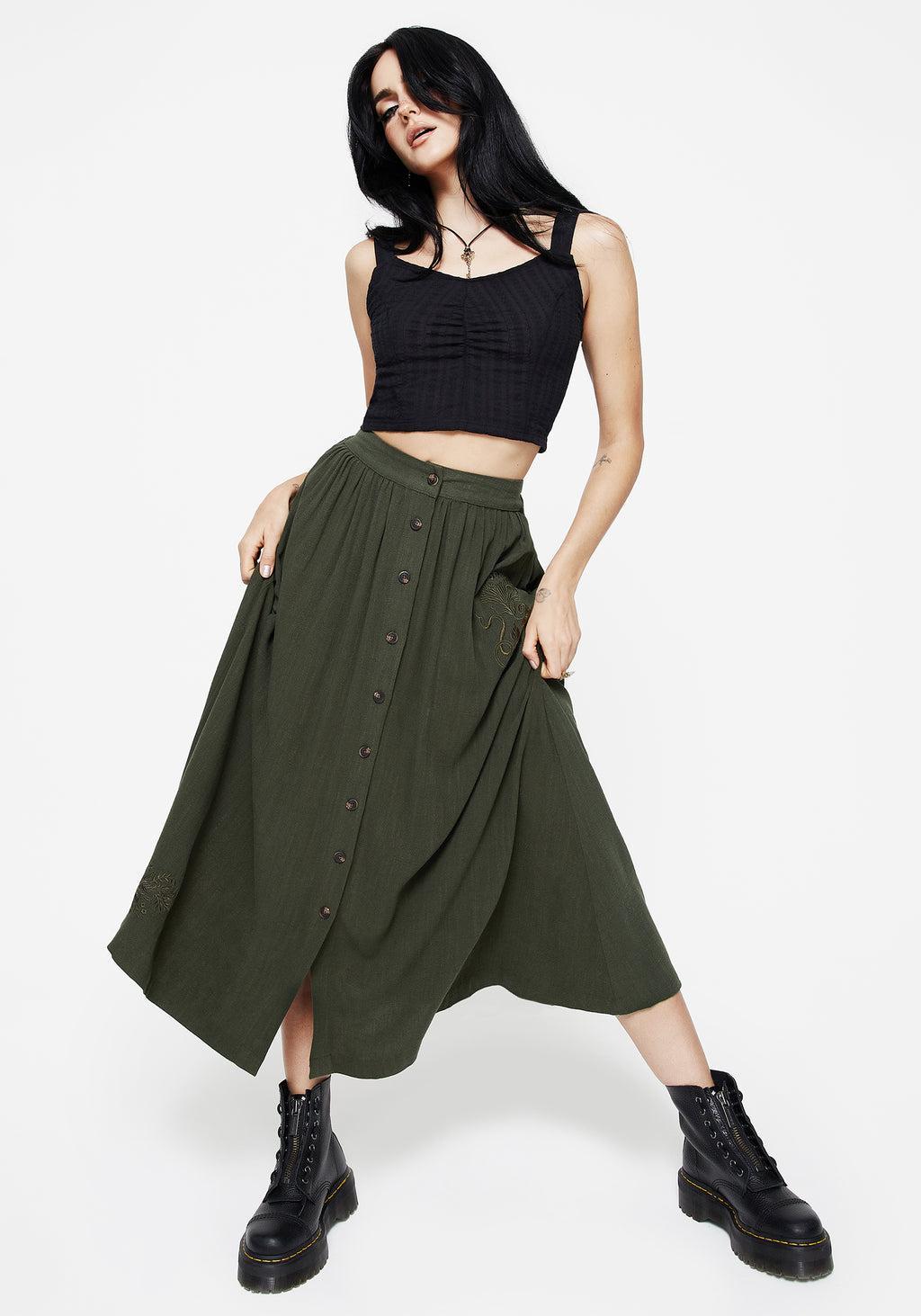 Foliate Linen-Blend Embroidered Button Up Midaxi Skirt - Green Product Image