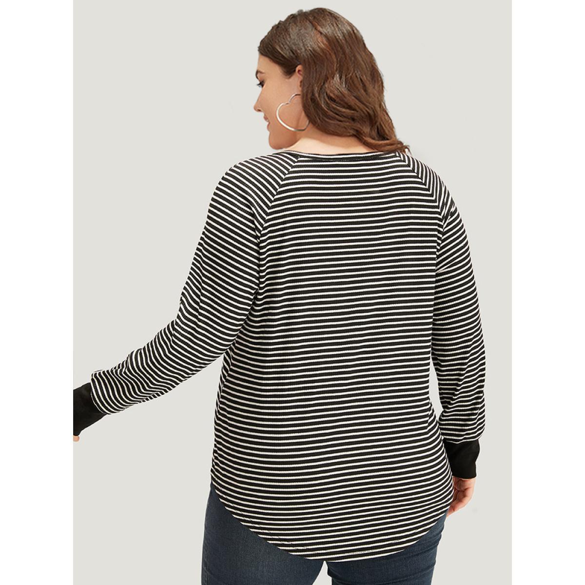 Plus Size Striped Button Up Curved Hem Patchwork T-shirt Black Women Casual Elastic cuffs Striped Open Front Dailywear T-shirts BloomChic 10/M Product Image