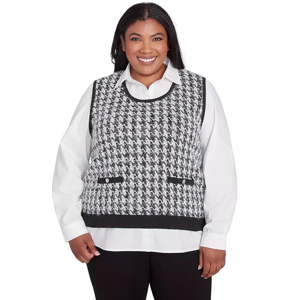 Plus Size Alfred Dunner Collared Houndstooth Vest Twofer, Women's, Size: 1XL, Multi Black Product Image