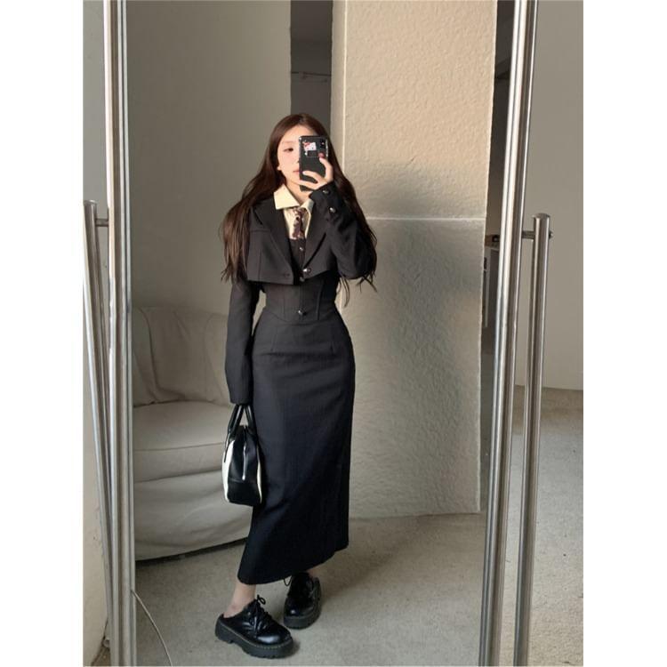 Plain Cropped Single-Button Blazer / Sleeveless Maxi Corset Dress / Long-Sleeve Striped Shirt / Floral Tie / Set Product Image