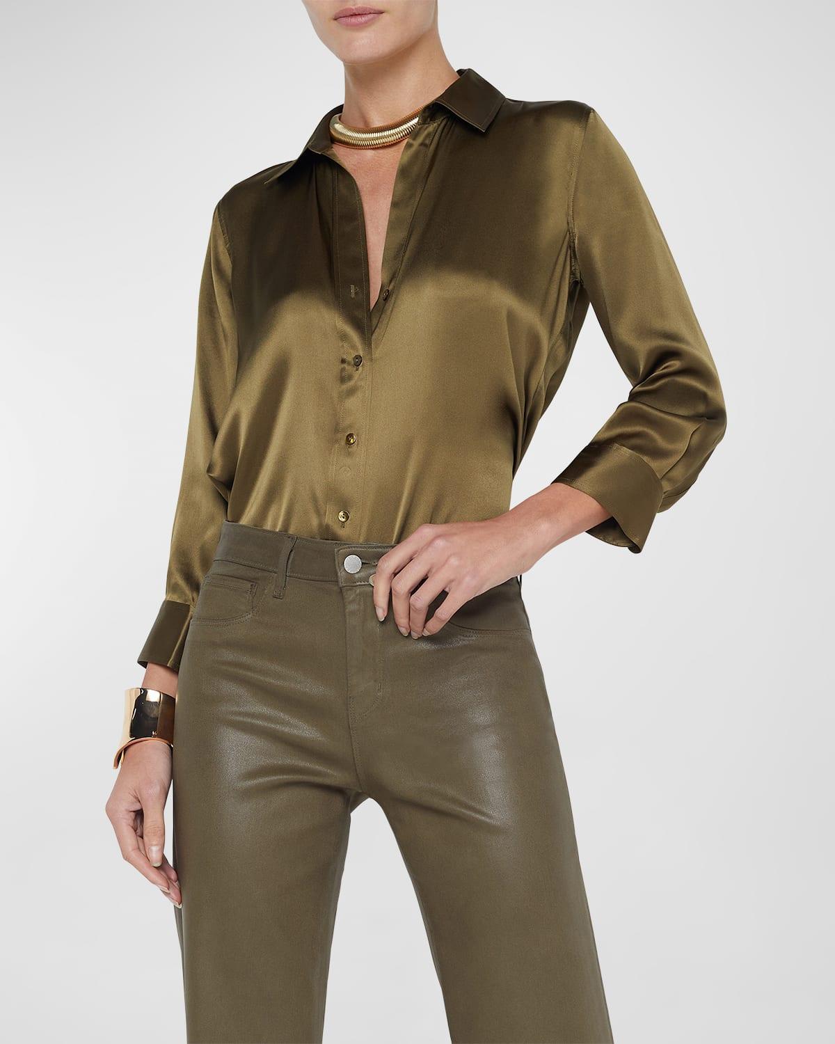 Dani Silk Satin 3/4-Sleeve Button-Down Blouse Product Image