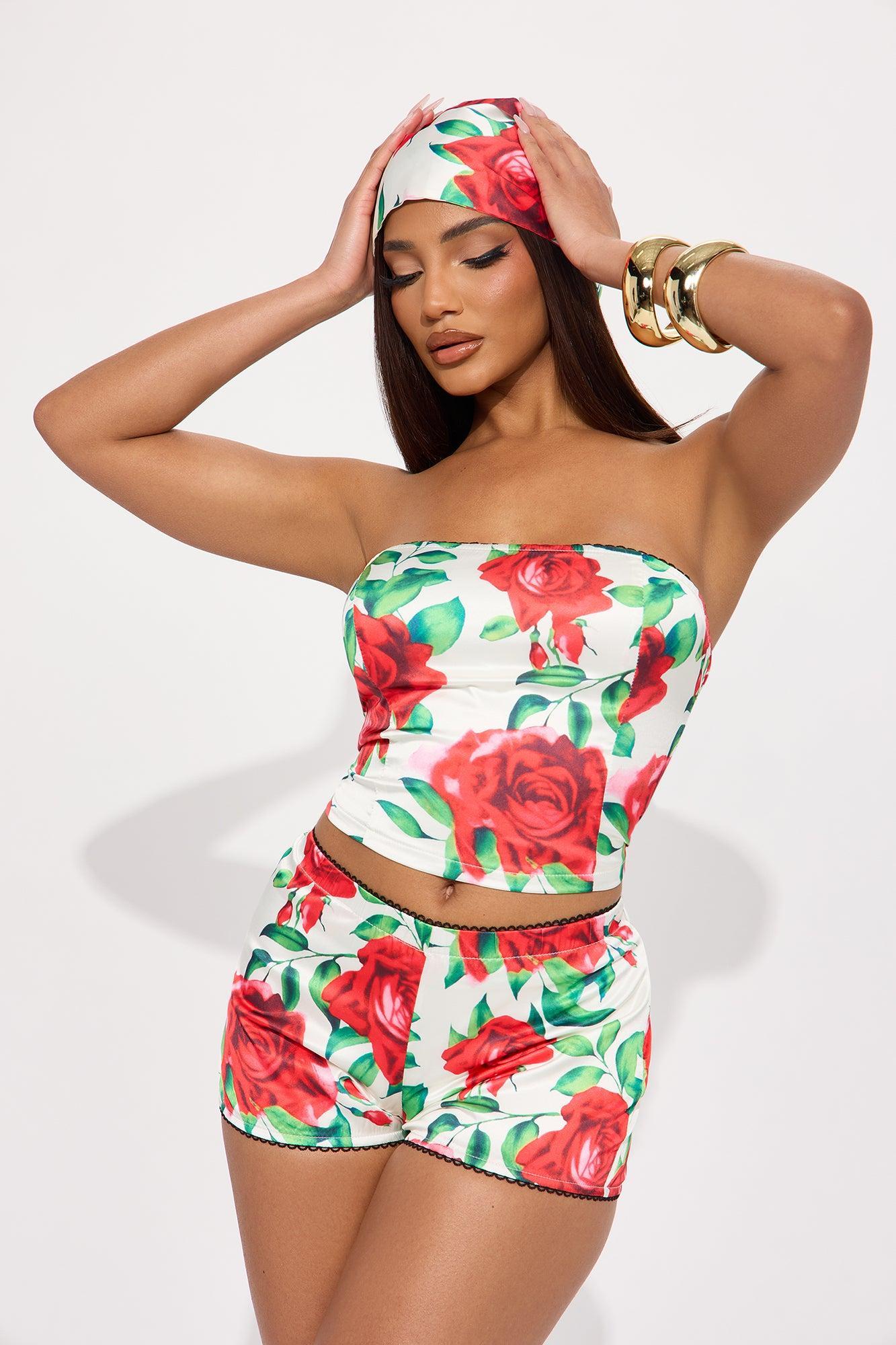 Full Bloom Satin 3 Piece Short Set - Red/combo Product Image