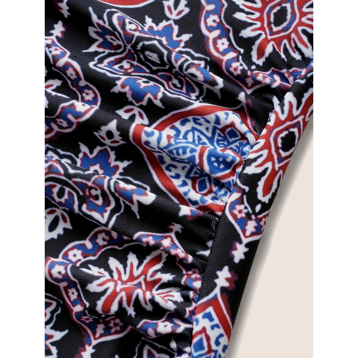 Plus Size Boho Print V Neck Ruched One Piece Swimsuit Women's Swimwear Black Beach Gathered Curve Bathing Suits High stretch One Pieces BloomChic 30/6X Product Image