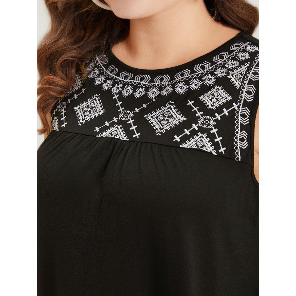 Plus Size Embroidered Pocket Patchwork Tank Midi Dress Black Women Casual Plain Round Neck Sleeveless Curvy Knee Dress BloomChic 10/M Product Image