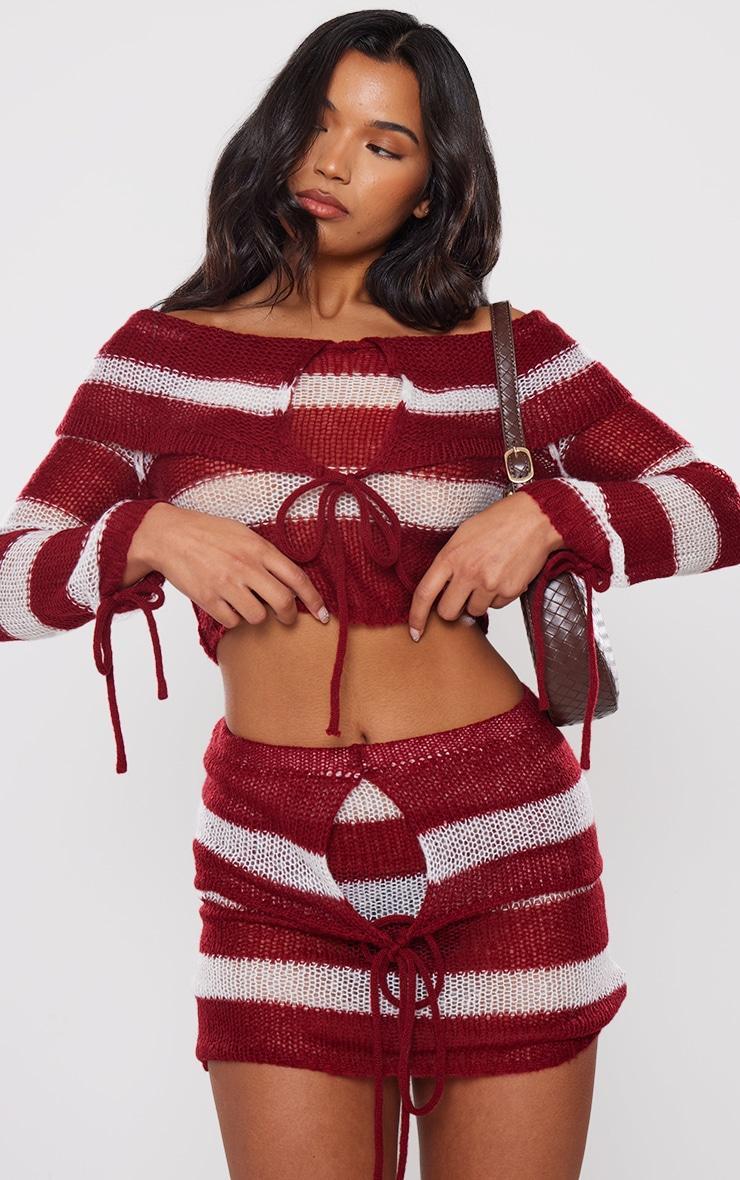  Cherry Red Abstract Soft Knit Foldover Tie Detail Micro Mini Skirt Product Image