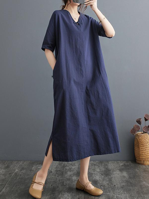 A-Line Loose Chinese Frog Buttons Pockets Solid Color Split-Side V-Neck Midi Dresses Product Image