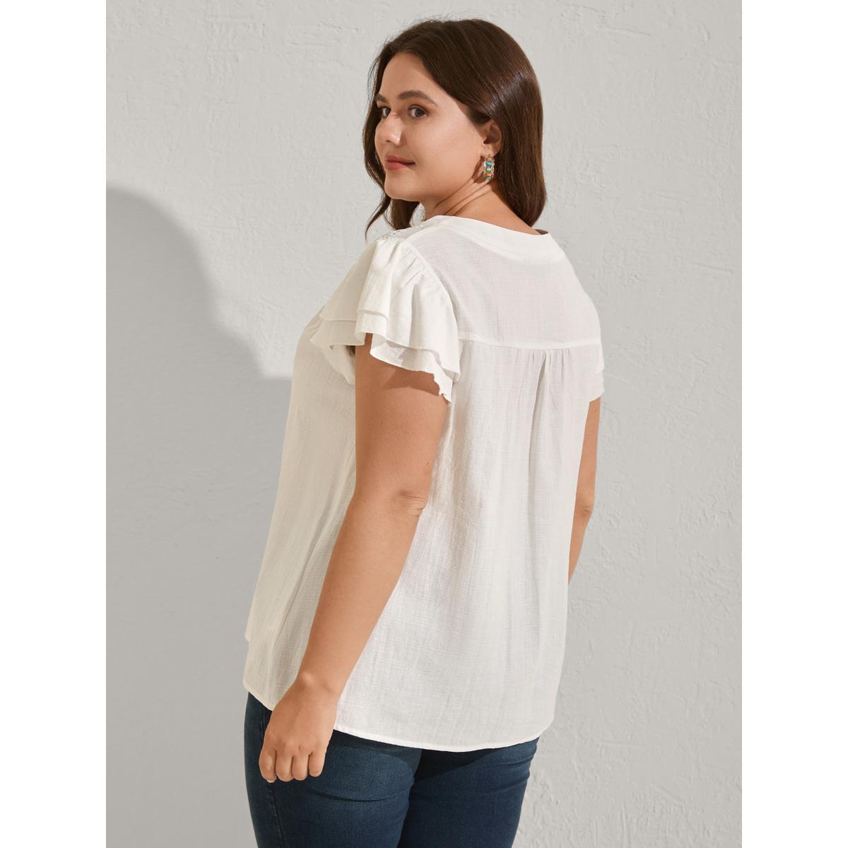 Plus Size Originalwhite Cotton Lace Eyelet Trim Layered Sleeve Blouse Women Boho Cap Sleeve Flat collar with V-notch Vacation Blouses BloomChic 18-20/2X Product Image