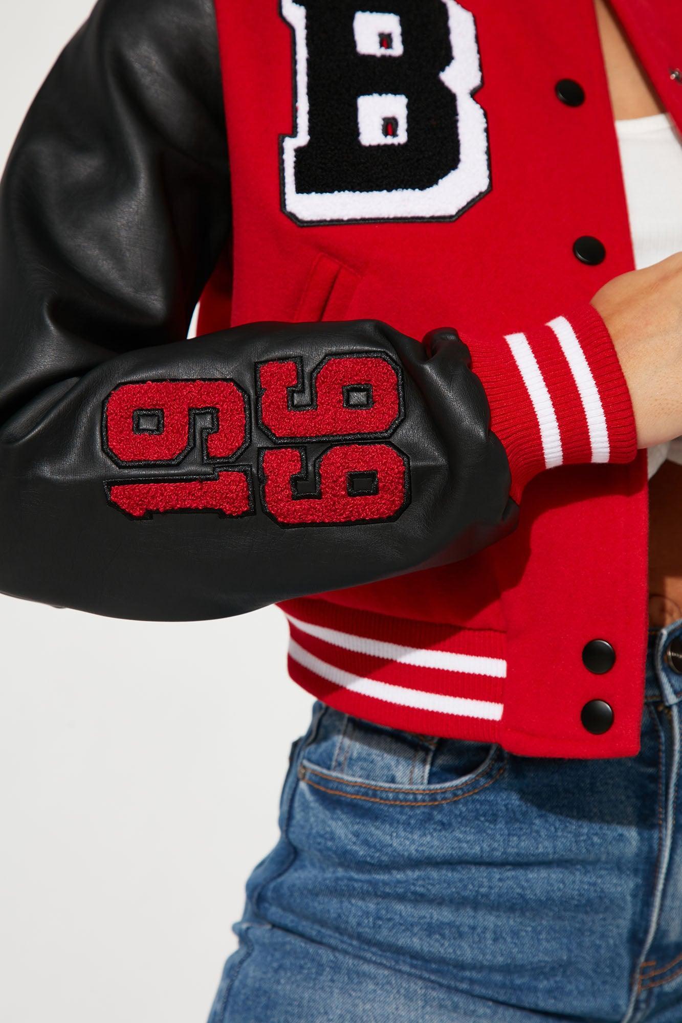 Bulls Cropped Letterman Jacket - Red/Black Female Product Image