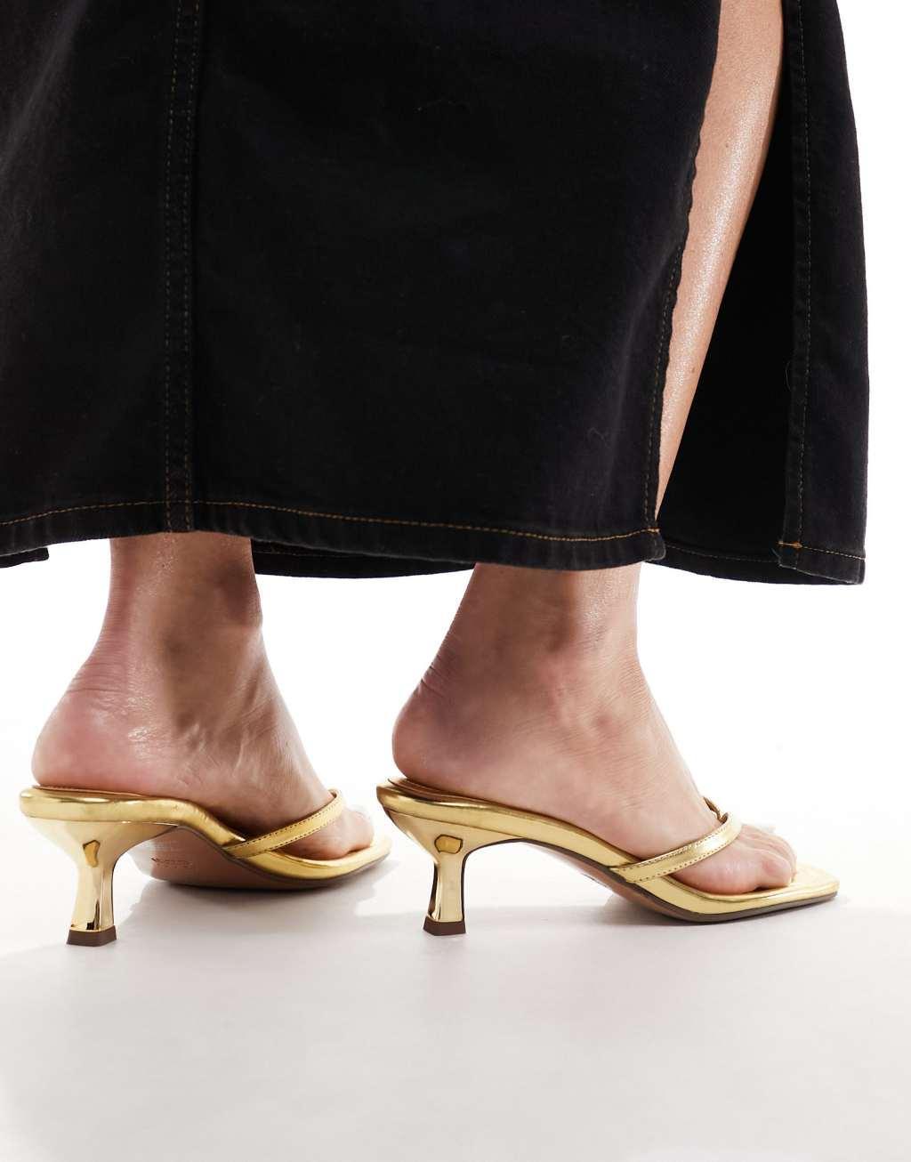 ASOS DESIGN Heatwave toe thong kitten heeled sandals in gold Product Image