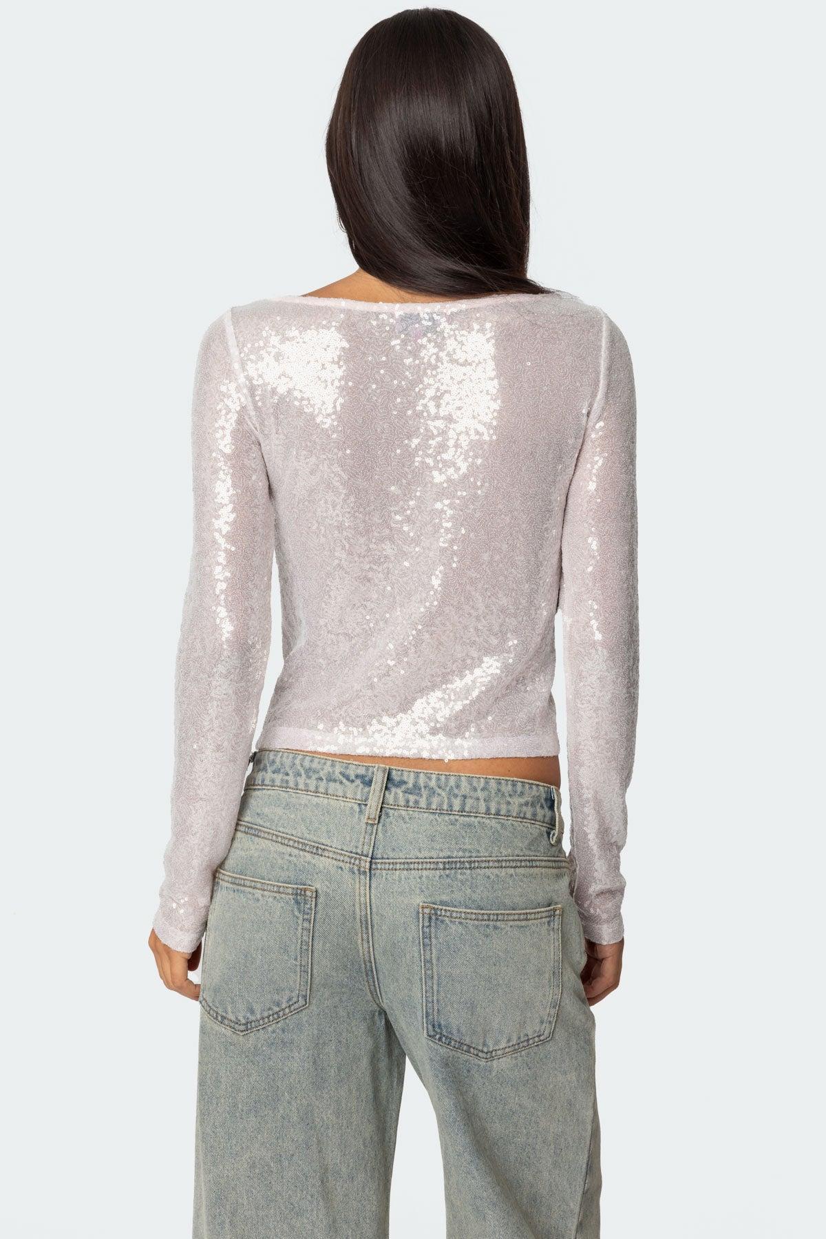 Sheer Sequin Boat Neck Top Product Image