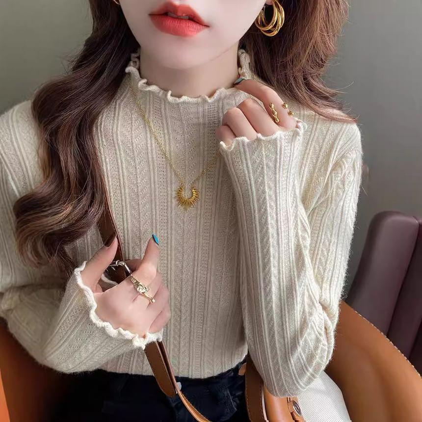 Lettuce-Edge Mock-Neck Knit Top in 9 Colors Product Image