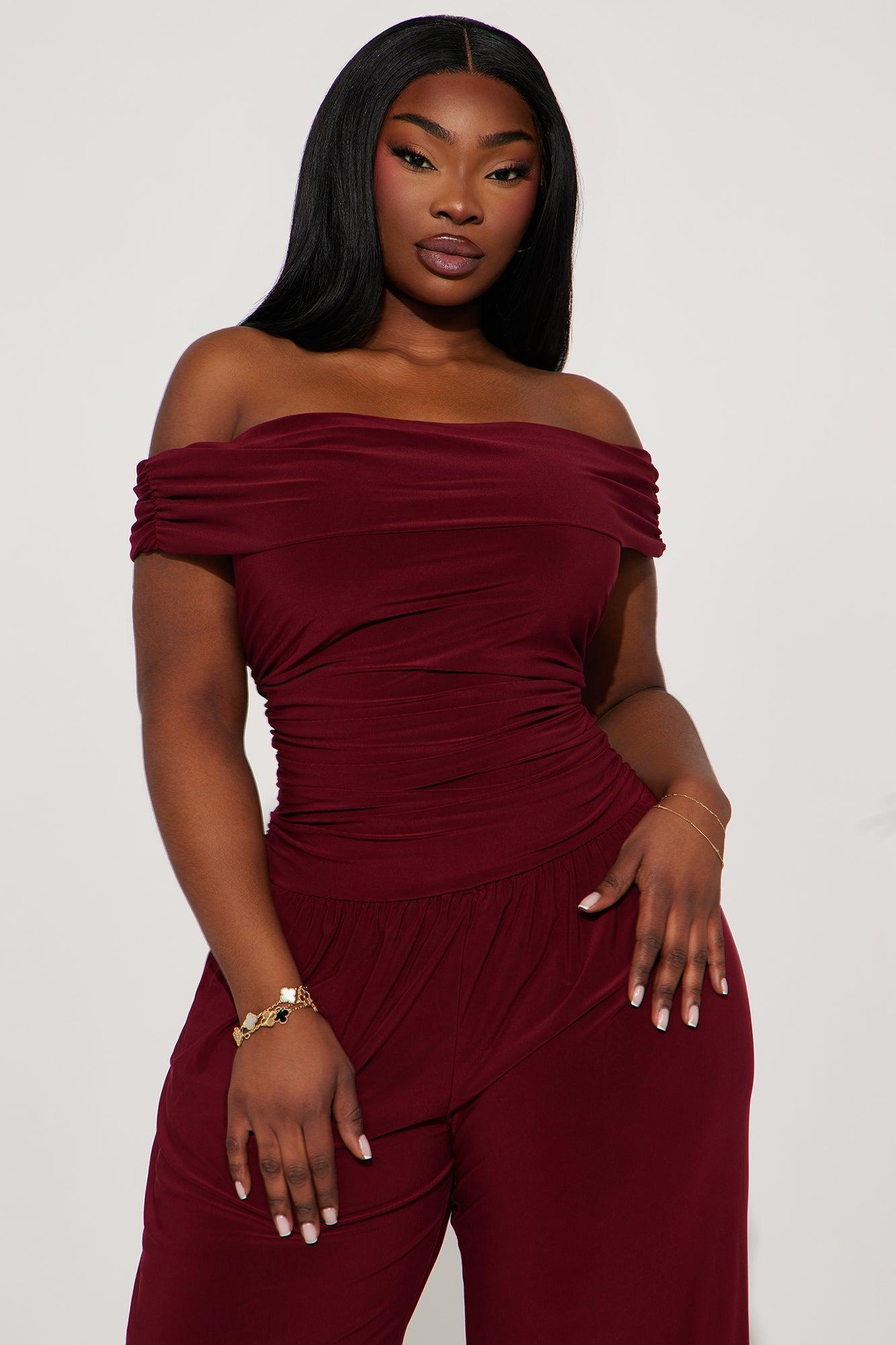 On To The Next Off Shoulder Jumpsuit - Burgundy Product Image