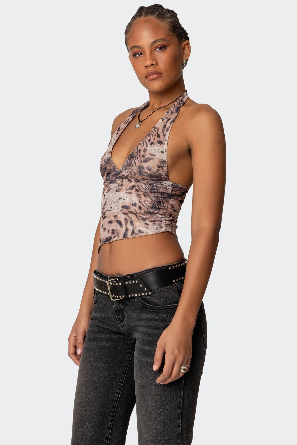 Leopard Mesh Asymmetric Halter Top Product Image