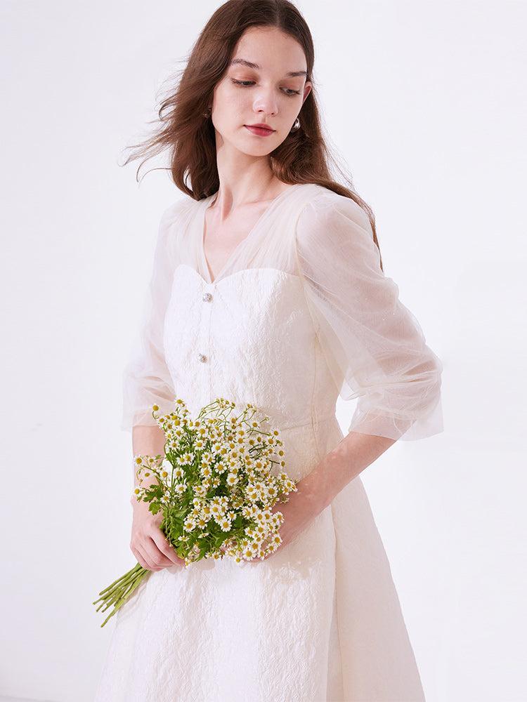 White Mesh Half-Sleeve V-Neck Jacquard Midi Dress Product Image