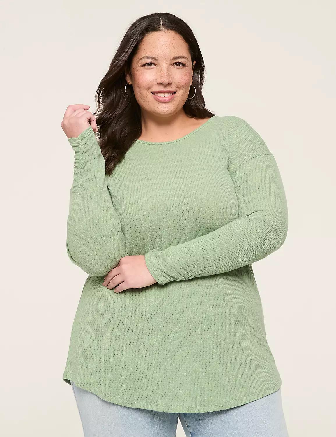 Ruched-Cuff Crew-Neck Top Product Image