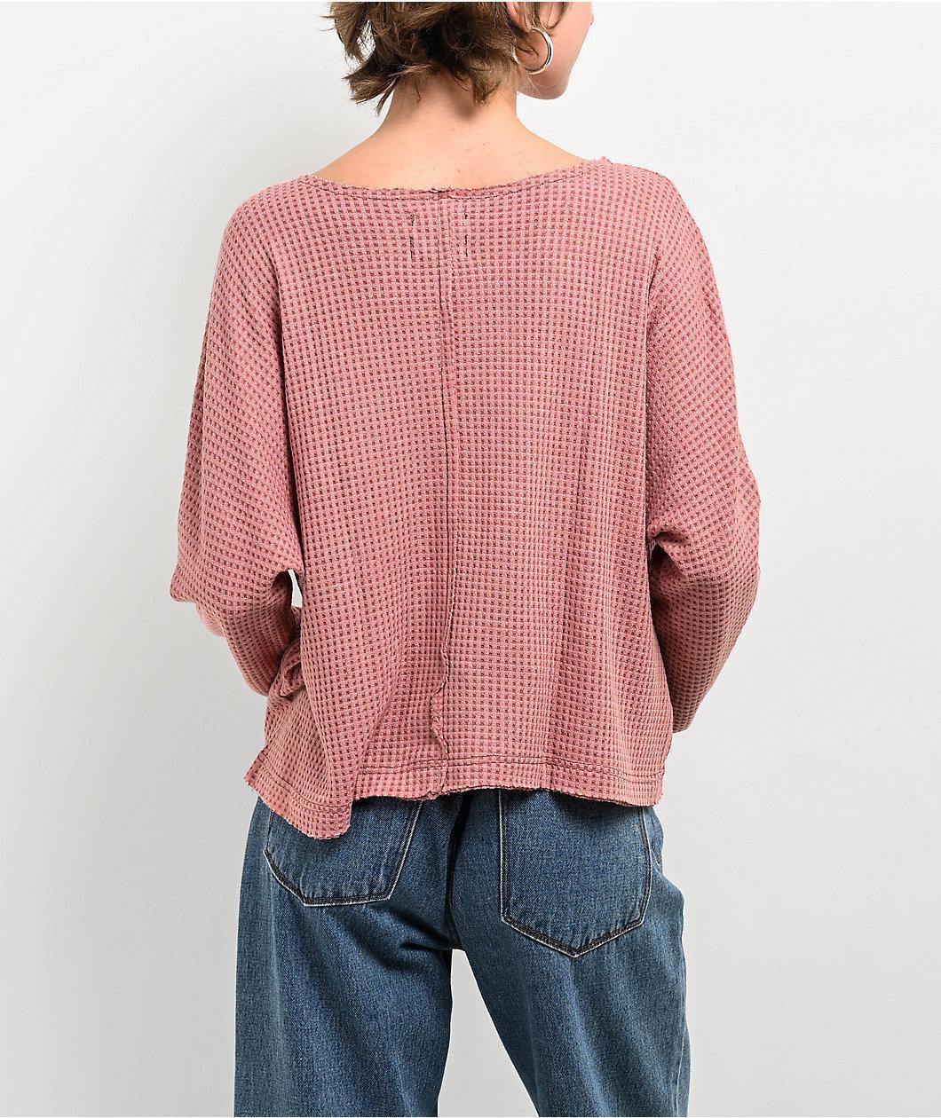 Blu Pepper Waffle Knit Split Neck Pink Long Sleeve T-Shirt Product Image