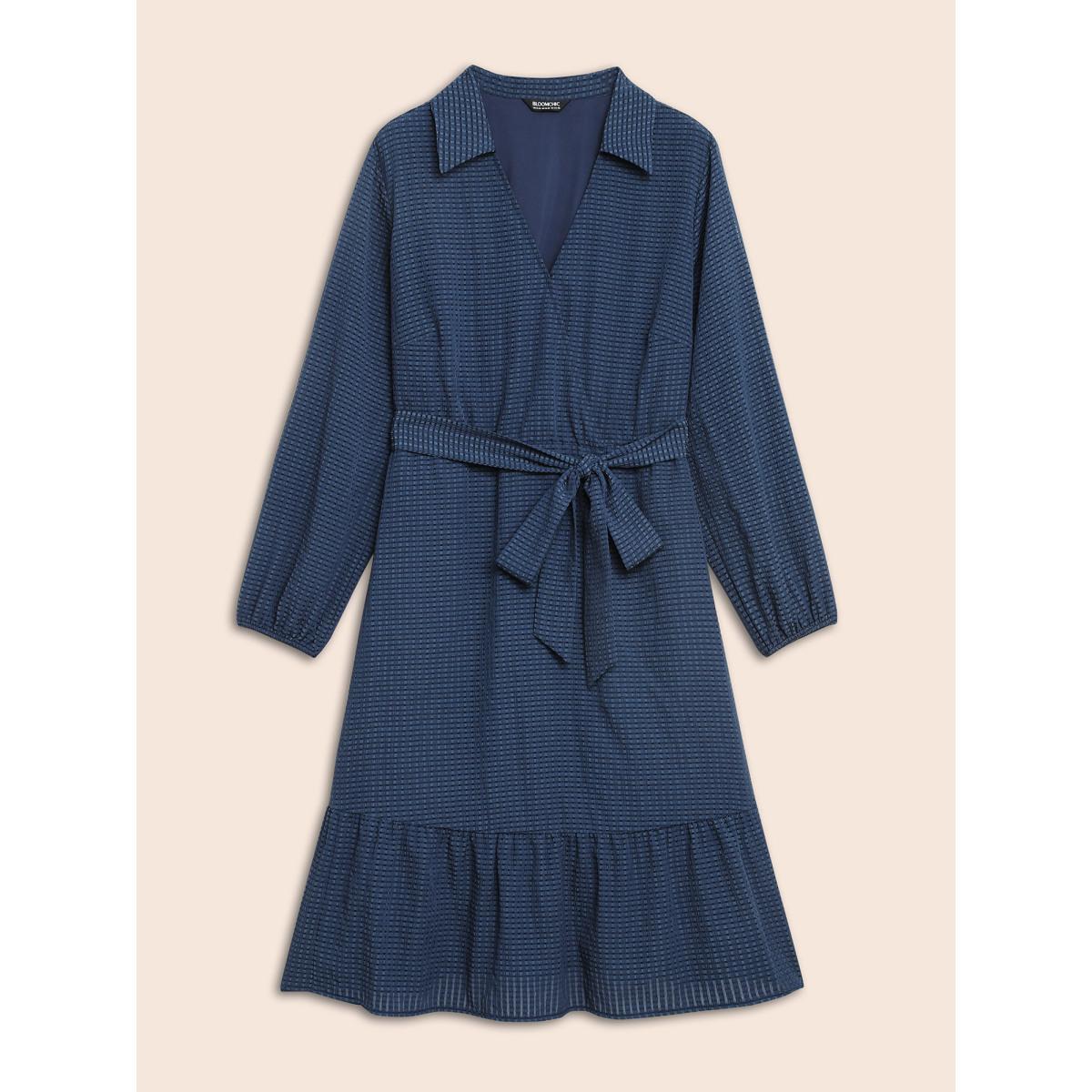 Plus Size Overlap Collar Plain Textured Midi Dress DarkBlue Women Elegant Texture Overlap Collar Long Sleeve Curvy BloomChic 30/6X Product Image