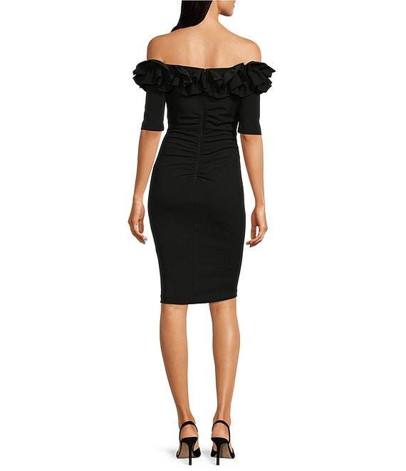 Xscape Off-the-Shoulder Ruffle Neck Short Sleeve Stretch Scuba Crepe Dress Product Image