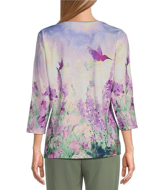 Allison Daley Petite Size Embellished Meadow Floral Print 3/4 Sleeve Crew Neckline Knit Top Product Image