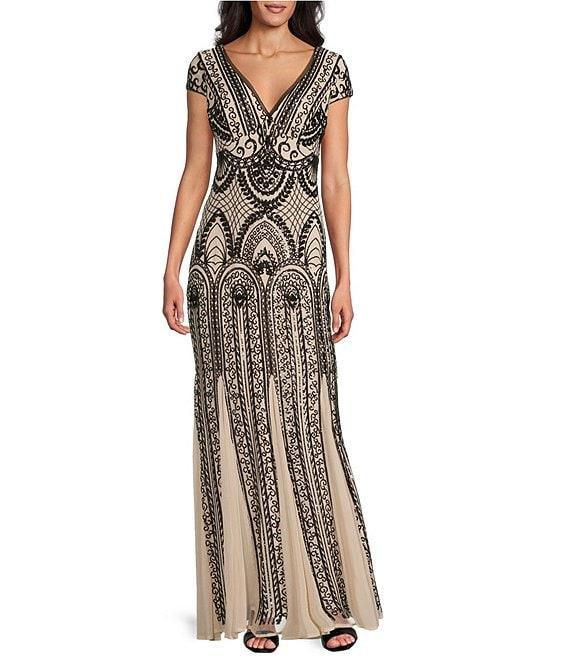 R & M Richards Sequin Power Mesh V-Neck Cap Sleeve Godet Skirt Sheath Dress Product Image